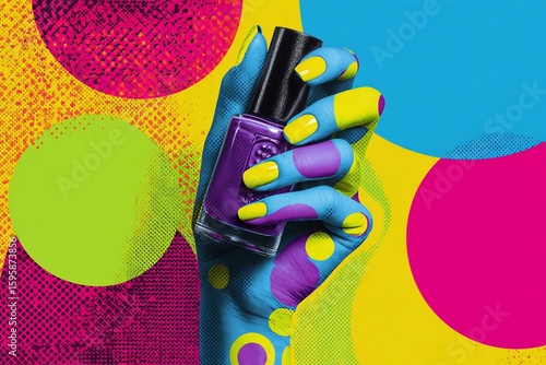 Colorful nail polish with artistic hand design. nail painting