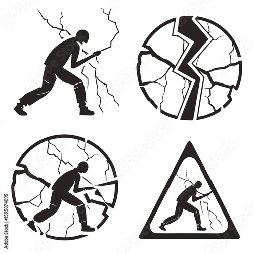 Figures breaking apart with jagged lines silhouette