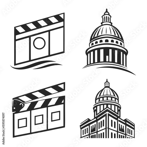 Film clapperboard and capitol building icons cinema