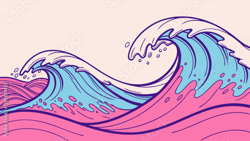 Ocean waves illustration vector art pink and blue water sea wave drawing nautical design summer beach graphic