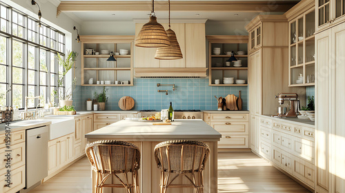 A sunlit coastal-style kitchen with soft cream cabinetry, a sky-blue tiled backsplash, quartz countertops, and a wide oak center island with rattan barstools and pendant lighting