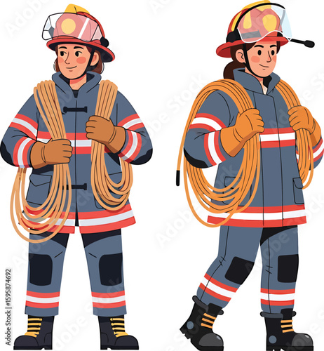 Two female firefighters in uniform, holding fire hoses, standing side-by-side, illustration.