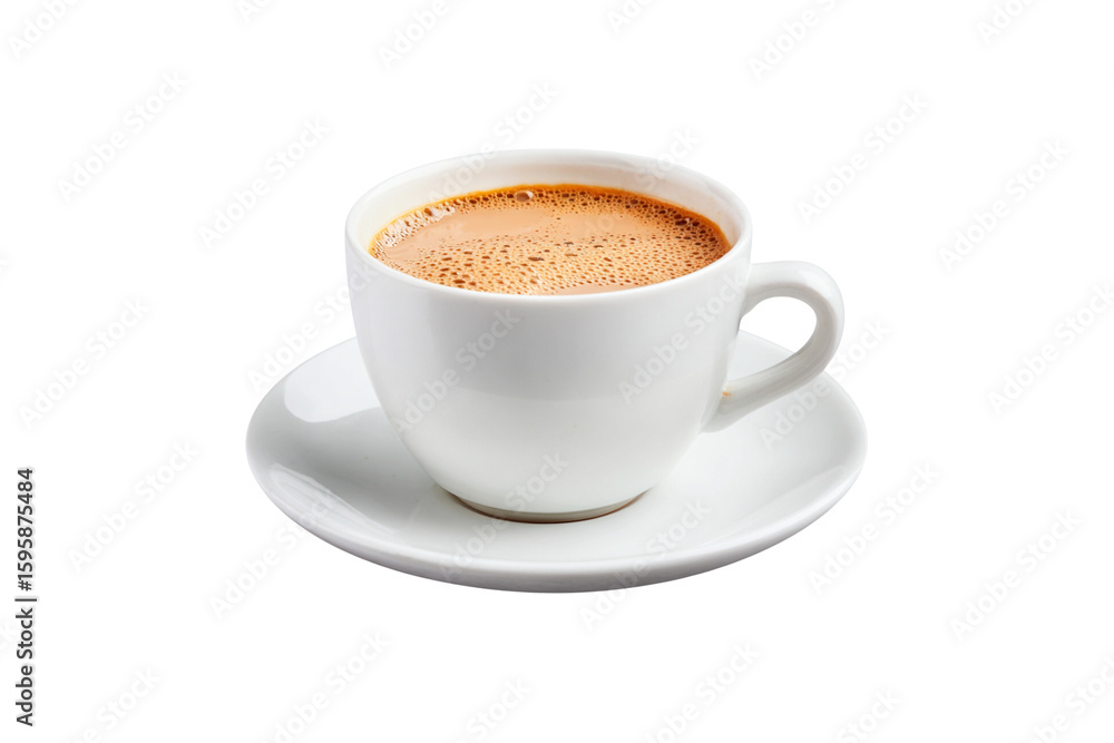 Fototapeta premium Cup of Hot Milk Tea Coffee on White Saucer Isolated on Transparent Background