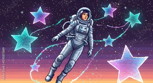 Futuristic astronaut floating through pixelated space with glowing holographic stars

