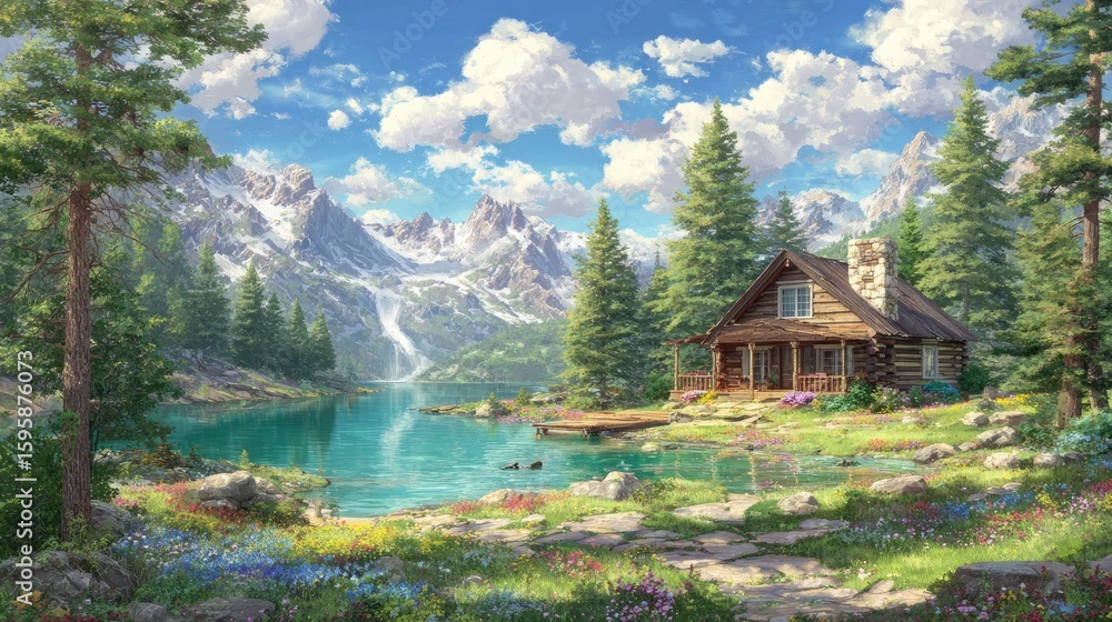 Fototapeta premium Rustic Mountain Cabin By Turquoise Lake With Lush Forest