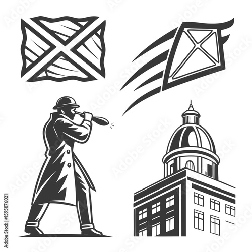 Man blowing horn building kite flag black white