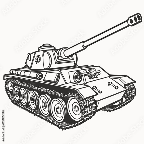 Military tank with large turret and multiple wheels