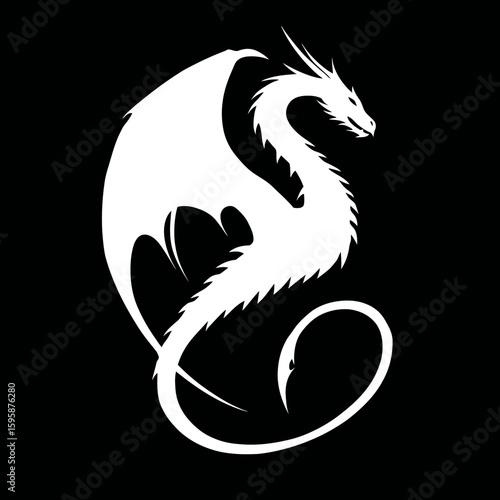 White dragon soars majestically silhouette style above darkness creating a powerful imagery