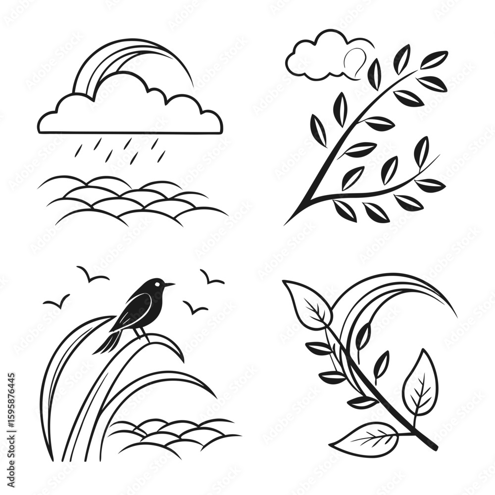 Fototapeta premium Nature icons with bird and rainbow cloud