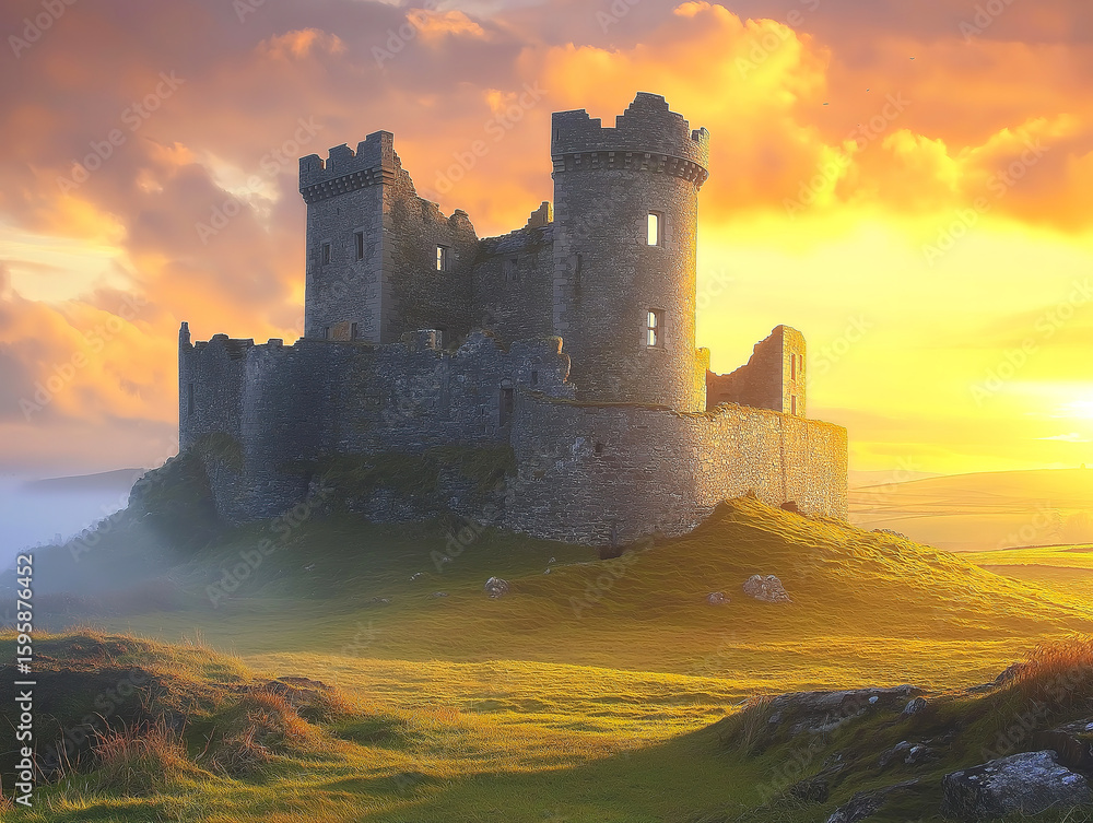 Fototapeta premium Majestic Welsh Castle Ruins Glowing in the Morning Sun