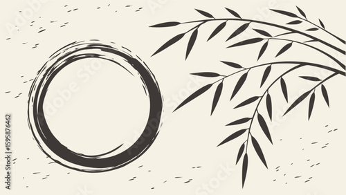 Zen circle ensō with bamboo leaves vector illustration oriental style for japanese culture art 100