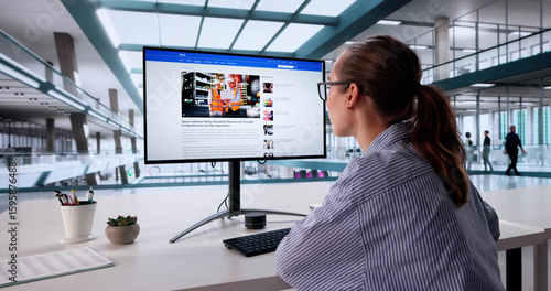 Bild auf Leinwand Female Journalist Relaxing On Reads Online News Website