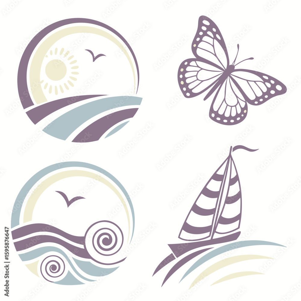Obraz premium Nautical and nature icons butterfly sailboat