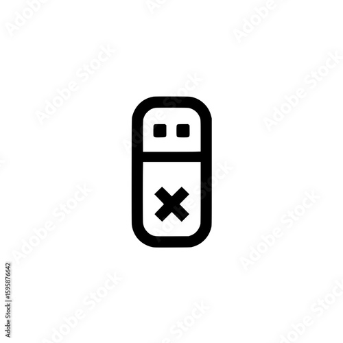 Outlined USB stick with an X symbol, representing corrupted or inaccessible storage device.