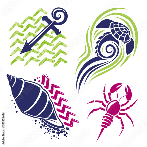 Nautical and marine life illustrations anchor seashell