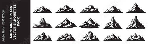 Mountain Silhouette Vector Set. 15 Unique Black Peak and Ridge Shapes in Flat Style