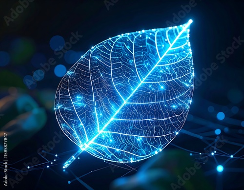 Glowing leaf with network connections represents green technology and environmental solutions