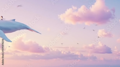 A child joyfully rides a giant white whale through a pastel sky filled with fluffy clouds at sunset