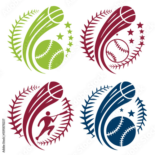 Sports icons with baseballs and athletes green maroon