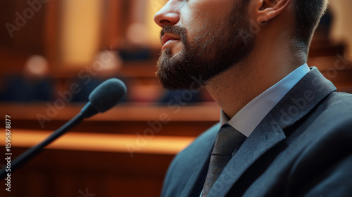 Witness testifying at microphone in courtroom
