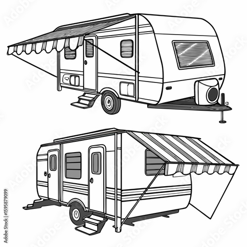Two campers with striped awnings caravan travel trailer