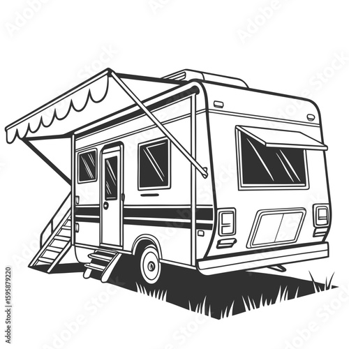 White caravan with open awning and stairs camper trailer