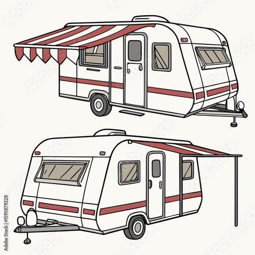 White caravan with red striped awnings trailer camping