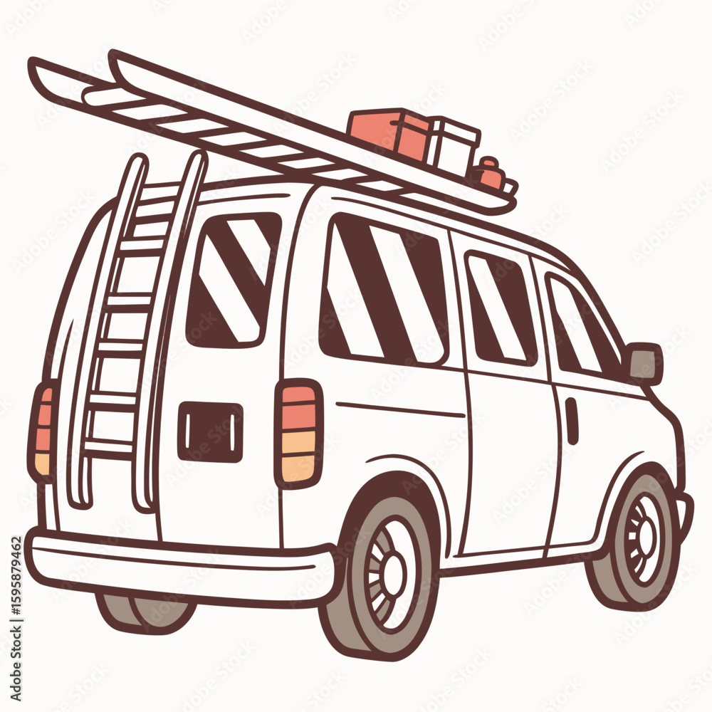 Fototapeta premium White utility van with ladder and boxes roof rack transportation