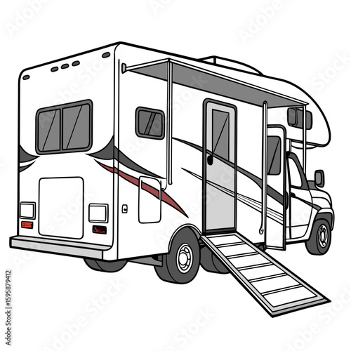 White recreational vehicle with open ramp motorhome