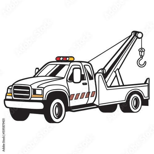White tow truck with red yellow emergency lights vehicle