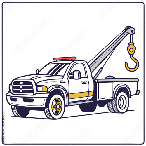White tow truck with yellow hook and red light vehicle
