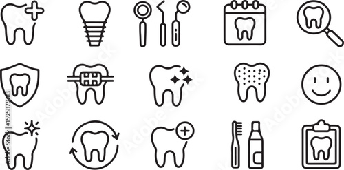 Dental Care and Stomatology Icon Set – Editable Stroke Outline Vector Illustration

