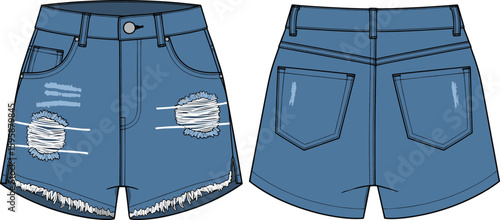 cad drawing flat vector illustration of women denim distressed shorts fashion technical sketch front back with frayed hem pocket