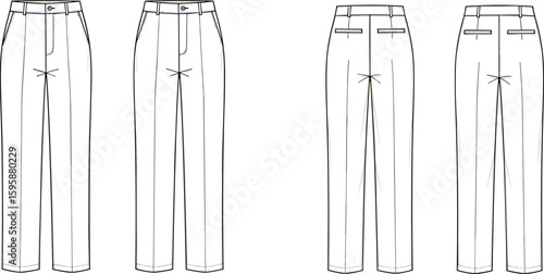 cad drawing flat vector illustration of women formal straight pants technical fashion sketch clothing design front back view