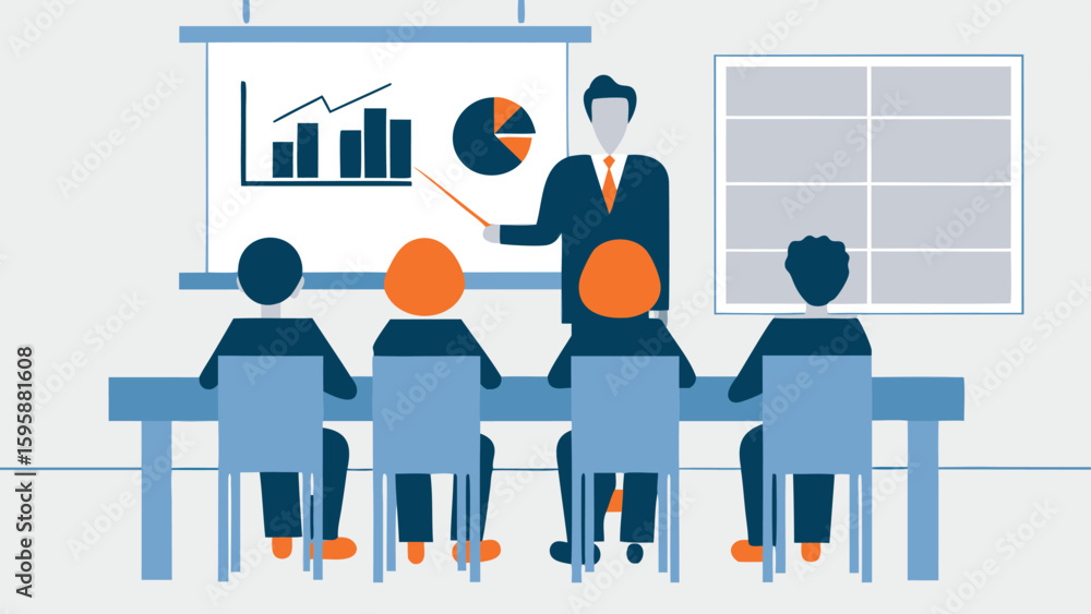 Obraz premium Man presenting data charts to an audience sitting at a table in a business meeting room setting