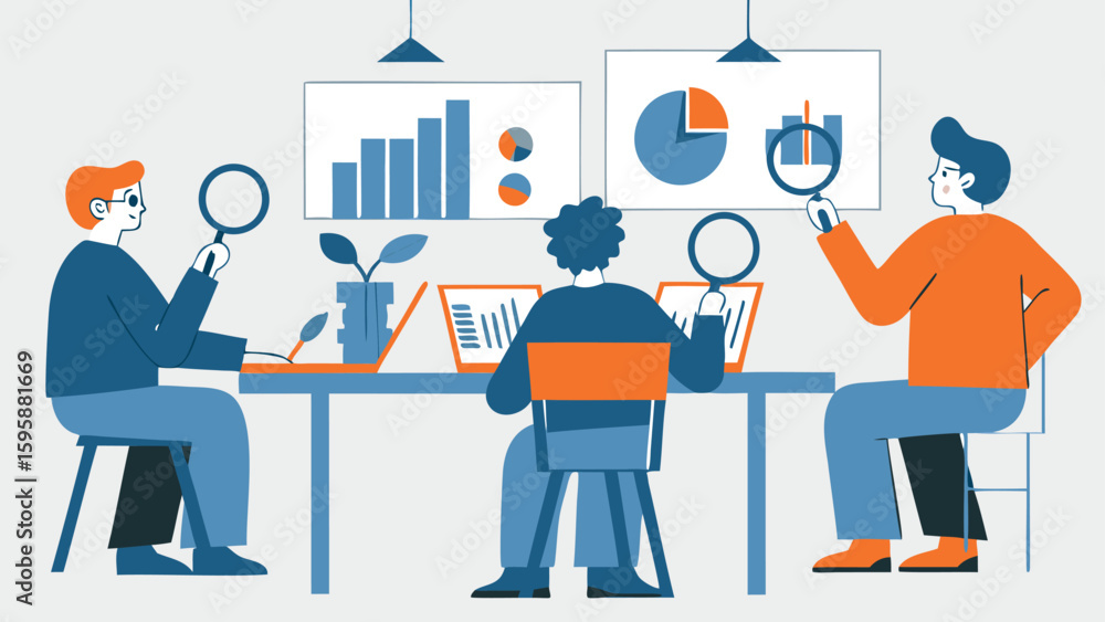 Fototapeta premium Three people analyzing data at a table with laptops and charts using magnifying glasses in an office