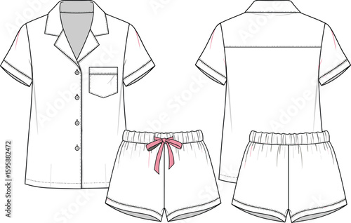cad drawing flat vector illustration of women’s short sleeve pajama set with chest pocket, elastic waistband shorts and bow tie
