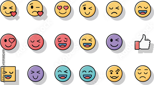 Colorful flat emoji icon set with various facial expressions and reactions, including happy, sad, love, wink, and like symbols. Perfect for social media, chat apps, stickers, and digital communication