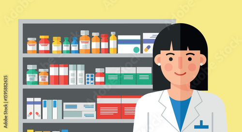 Female Pharmacist with Medicine Shelves