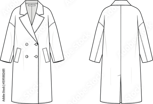 CAD drawing flat vector illustration of women’s long overcoat, front and back view, fashion technical sketch, button detail, outerwear