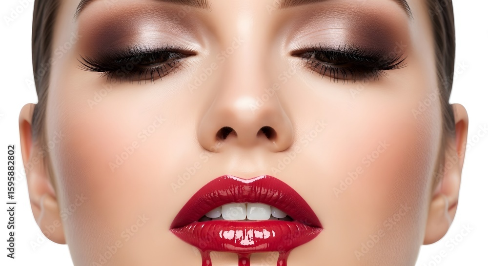Close-up of a woman's face with dramatic makeup, featuring glossy red lips with dripping liquid and striking eye shadow, highlighting beauty and glamour. Close-up of a woman's face with dramatic makeup, featuring glossy red lips with dripping liquid and striking eye shadow, highlighting beauty and glamour.