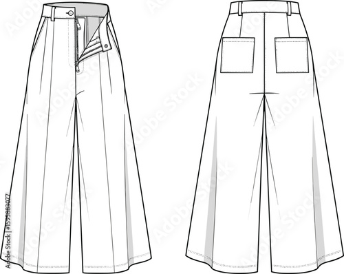 cad drawing flat vector illustration of women’s wide leg culottes pants with front fly zipper and back patch pockets view
