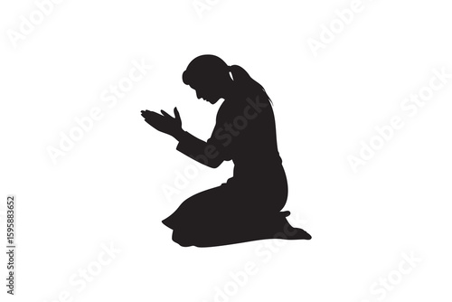 Silhouette of a woman kneeling in prayer with hands raised representing faith spirituality hope and reflection against a clean white background for versatile use Art & Illustration