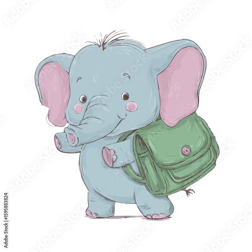 Cute cartoon elephant with backpack illustration for kids books and school related designs and back to school projects