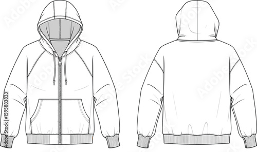 CAD drawing flat vector illustration of zip-up hoodie front and back, raglan sleeve, kangaroo pocket, ribbed cuffs, fashion sketch