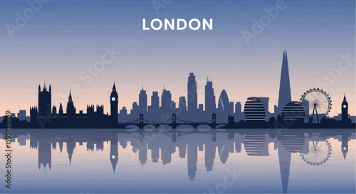 London skyline silhouette with reflection. Landscape London, UK. Vector illustration. stock