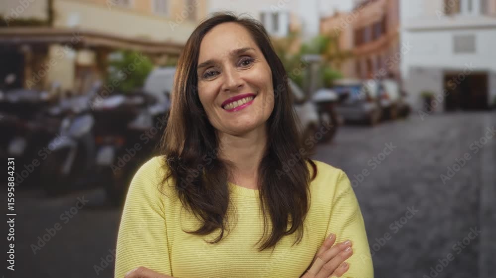 Young hispanic woman arms crossed gesture on cobblestone street with a gentle smile; denial defiance confidence. Young hispanic woman arms crossed gesture on cobblestone street with a gentle smile; denial defiance confidence.