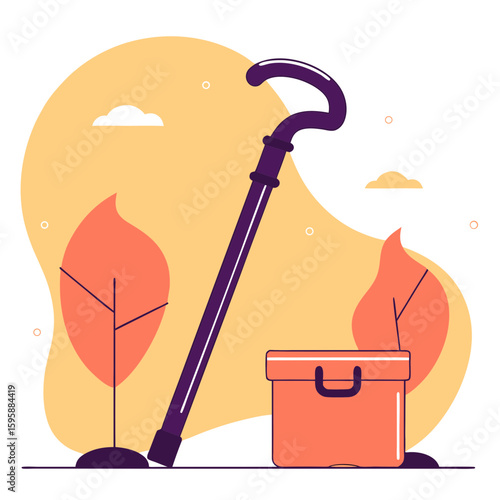 Walking cane with box in flat cartoon autumn scene