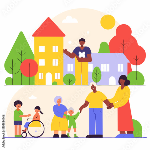 Diverse families and caregivers in inclusive neighborhood