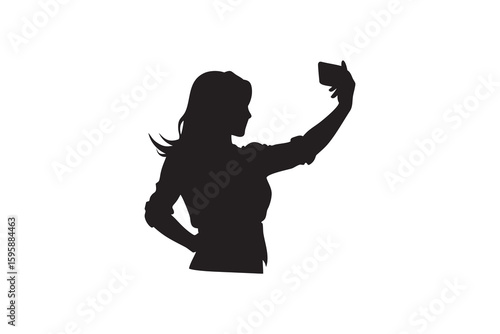 Silhouette of a woman taking a selfie with her smartphone isolated on white Represents modern communication social media and self expression in a simple graphic Art & Illustration